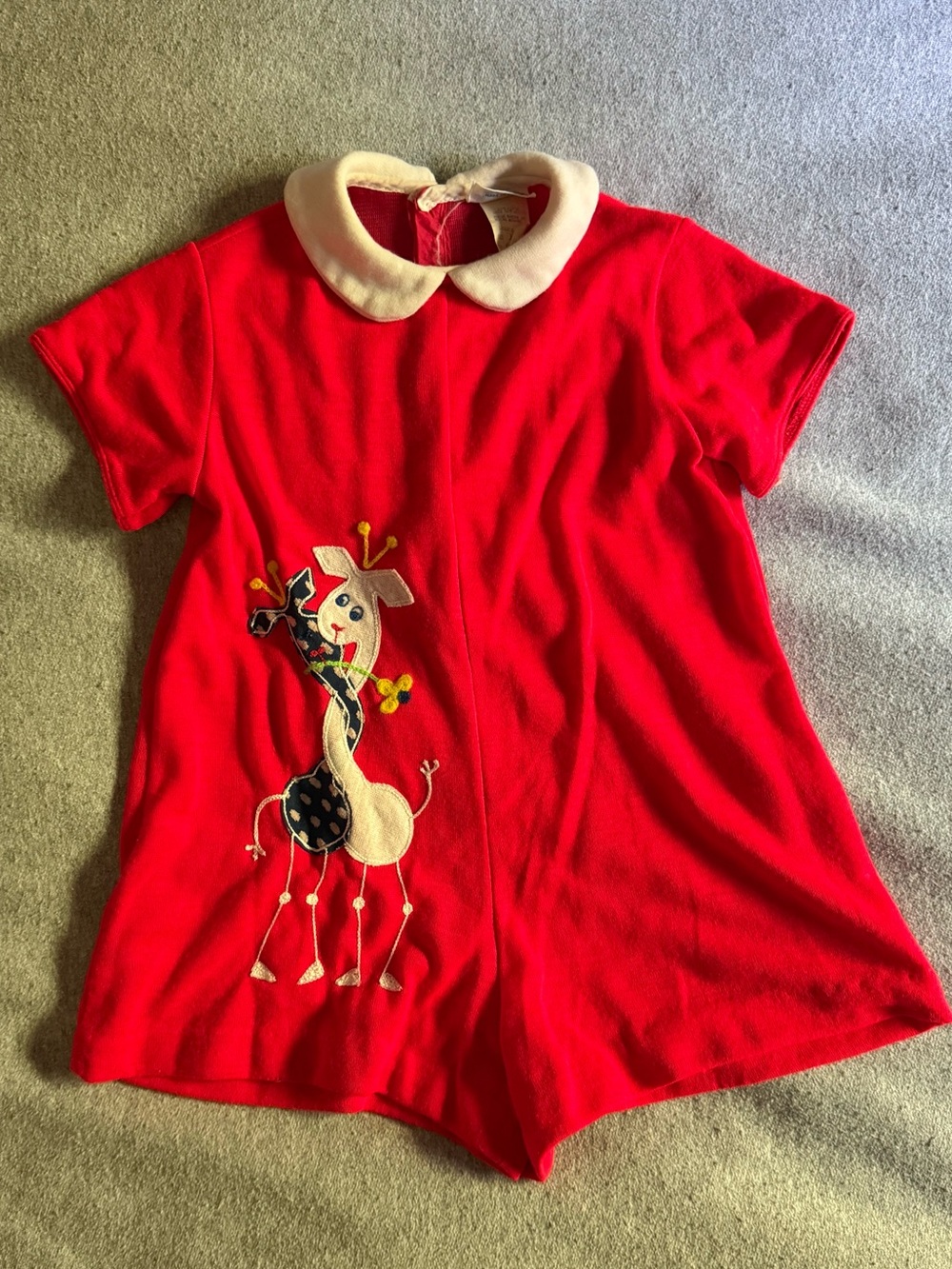 Nannette Red Short-Sleeve Romper with Embroidered Giraffe and Cream Collar